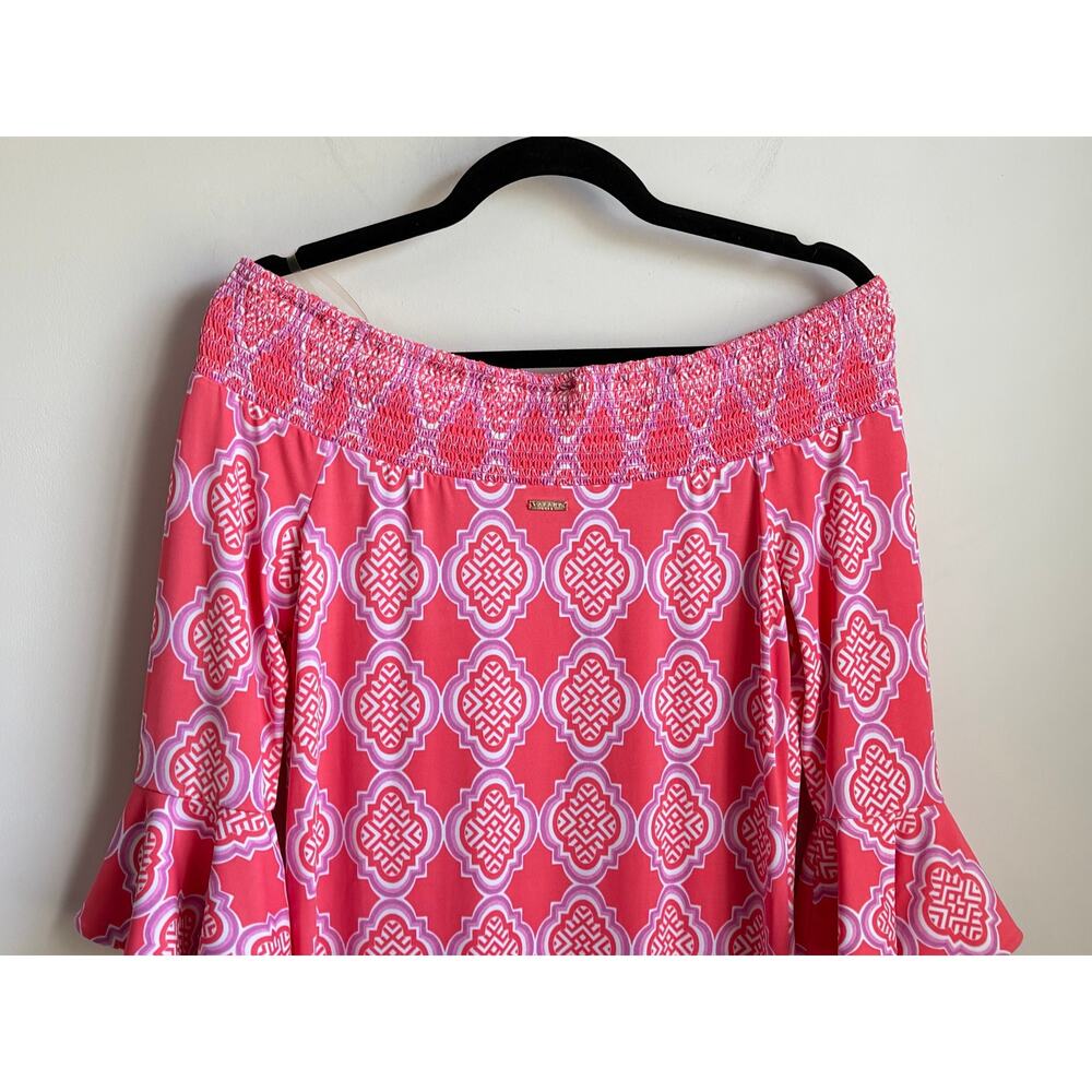 Cabana Life Coral Geo Off Shoulder Coverlux Smocked Mini Dress Pink Womens S NWT - Picture 11 of 13